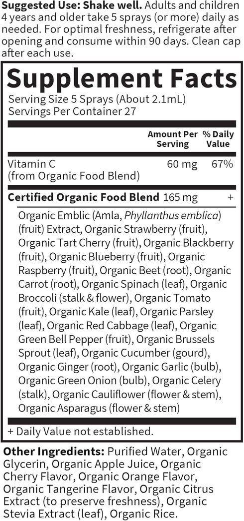 Garden of Life Organics Vitamin C Spray for Kids & Adults, Cherry Tangerine, 2 fl oz Liquid Drops