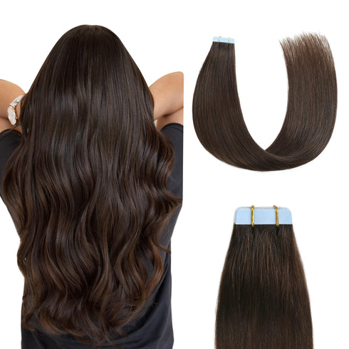 Sunya Tape in Hair Extensions, 14 inches Silky Straight Remy Human Hair Seamless Skin Weft, #2 Dark Brown, 40 Gram,