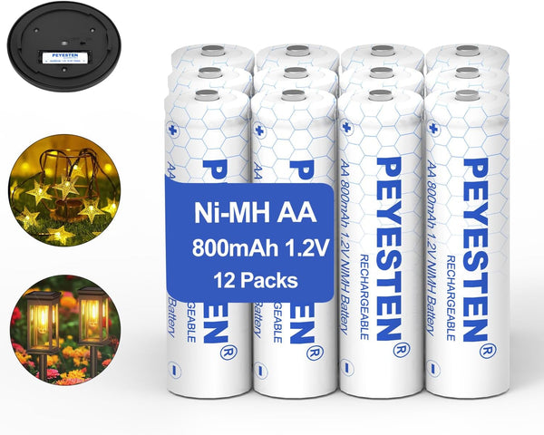 Ni-Mh 800mAh 1.2V AA Rechargeable Batteries, Double A for Solar Lights, Garden Lights, Pack of 12