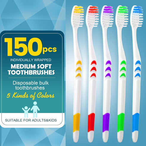 Navona 150 PCS Individually Wrapped Bulk Toothbrushes, Colorful Manual Disposable for Adults or Kids, Medium Soft