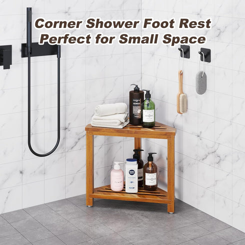 Kzeirm 14" Corner Shower Stool for Inside Shower, Shower Foot Rest Stool for Shaving Legs, Acacia Wood Corner Shower