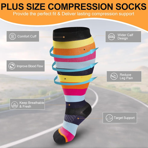 VOMFIT 4 20-30 mmhg Pairs Plus Size Compression Socks for Women & Men, Extra Wide Calf Knee High Compression Stockings