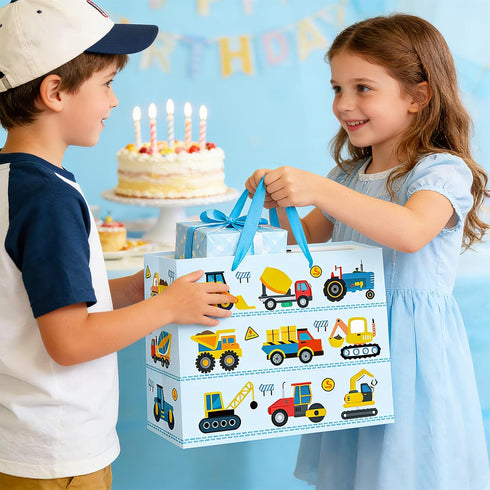 Large Construction Truck Birthday Gift Bag for Kid Blue New Baby Shower Bags with Blue Tissue Paper Birthday Card Baby