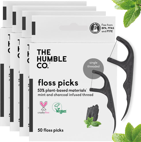 The Humble Co. Floss Picks (200 Count) – Plant Based Dental Floss Picks for Superior Oral Care and Gum Health (Charcoal)