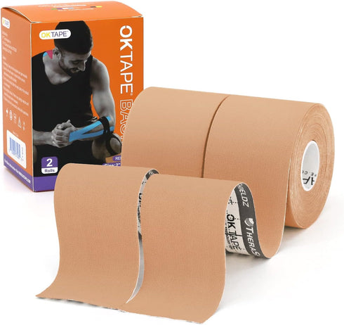 OK TAPE Basic Original Cotton Kinesiology Tape - 2 Pack, Elastic Water Resistant Therapeutic Athletic Tape for Pain