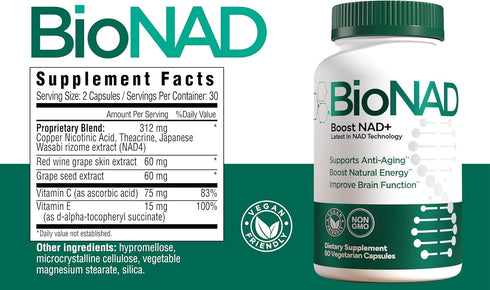 BioNAD NAD Supplement - Nicotinamide Riboside Booster, Anti-Aging & Metabolic Activator - Vegan Friendly, 60 Capsules