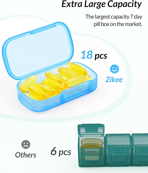 ZIKEE 7 Packs Extra Large Pill Organizer, Portable Pill Box 7 Day for Pocket, Purse, Weekly Pill Case with Dual-Protection Design, Pill Container for Medication, Vitamin, Fish Oil, Supplement