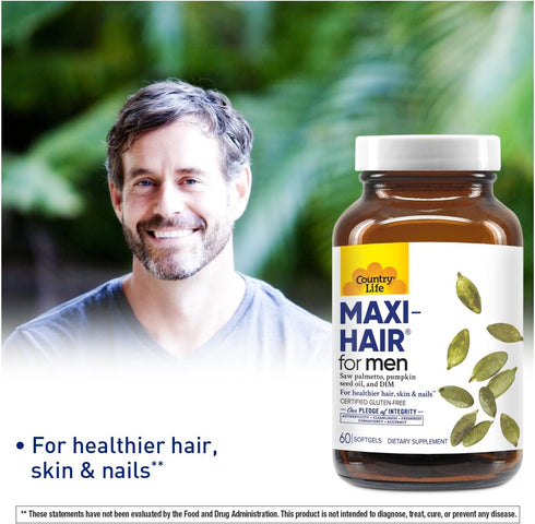 Country Life Maxi-Hair for Men - 2000mcg Biotin, Saw Palmetto, Pumpkin Seed Oil & More, 60 Vegan Capsules