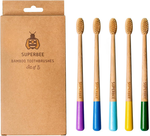 Superbee Biodegradable Bamboo Toothbrushes – 5 Pack, Soft Bristles for Adults & Kids, Eco-Friendly