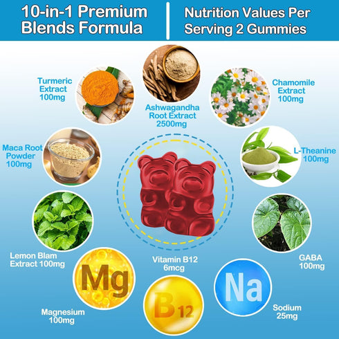 Ashwagandha Gummies with Maca Root and L-theanine, 2500mg Organic Ashwa Root Supplement Gummy for Women Men, 60 Vegan Plant-Based Mixed Berry Gummies