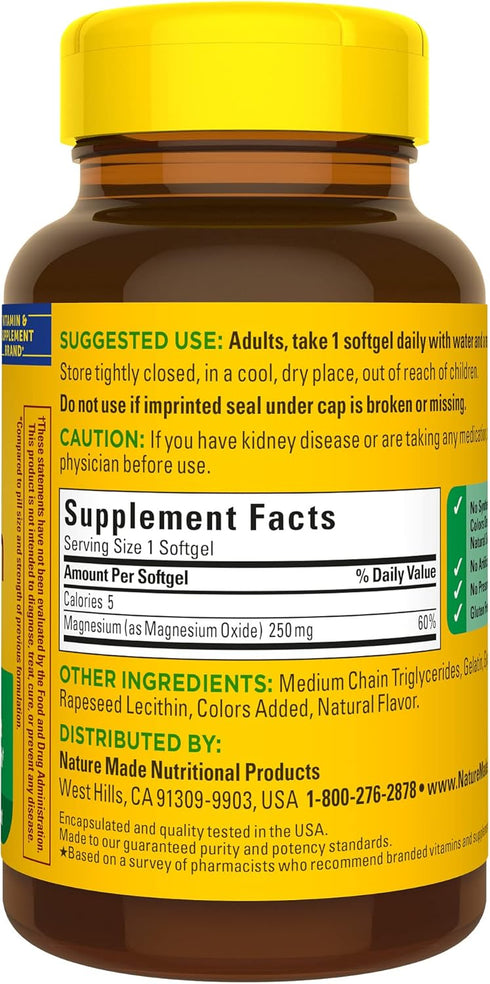 Nature Made Magnesium 250 mg Supplement for Muscle, Heart, Bone & Nerve Support | 90 Softgels, 90 Day Supply