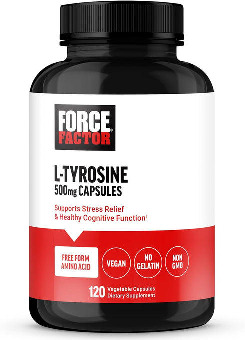 FORCE FACTOR L-Tyrosine Stress Relief Supplement, 500mg Brain Health Capsules for Adults, Vegan, Non-GMO, 120 Count