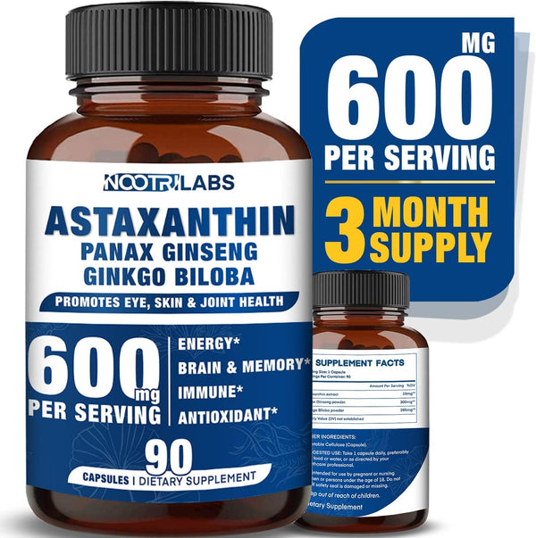 Astaxanthin 15mg + Panax Ginseng, Ginkgo Biloba Supplements, 90 Vegan Capsules for Eye, Skin, Joint Health