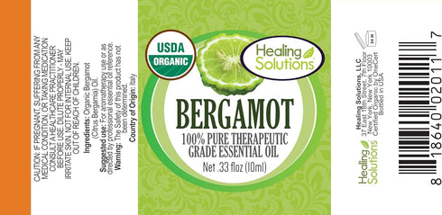 Healing Solutions Bergamot Essential Oil, 0.33 oz (10ml), Organic, Pure Oil for Skin & Diffuser