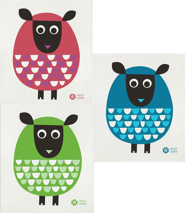 3-Pack Earth-Friendly Swedish Dishcloth, Reusable Eco Sponge MODERN SHEEP (Bright Green + Red/Purple + Petrol)