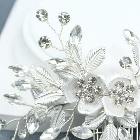 Wedding Rhinestone Hair Comb, Crystal Bride Hair Combs, Flower Side Combs, Leaf Headpiece Accessories for Women (Silver)