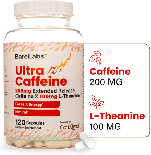 200mg Extended Release Caffeine + 100mg L-Theanine, 120 Capsules, 100% Natural Focus & Energy Supplement