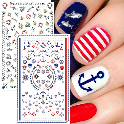 TailaiMei Summer Beach Nail Stickers - 1500+ Pcs Self-Adhesive DIY Nail Art Decals, Shark Nautical Turtle Design (12