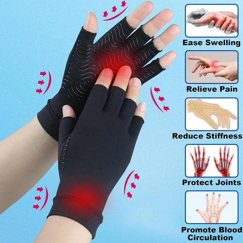 2 Pairs Copper Arthritis Gloves for Carpal Tunnel Pain Relief, Compression Gloves to Alleviate Hand Pain,Swelling,Fingerless Typing Gloves for Rheumatoid,Tendonitis for Women&Men (Large)
