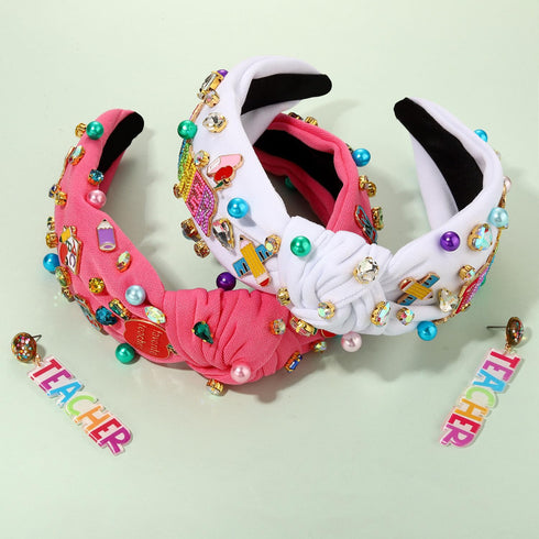 Teacher Headbands for Women, Pencil Printed Wide Knotted Headbands, Back To School Hair Accessory Gifts (Pattern C)