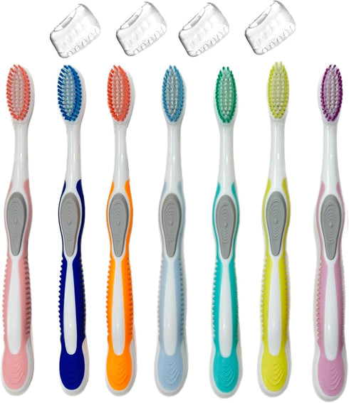 Value Set of 7 Medium Bristles Toothbrushes - Comfort Hold Soft Silicone, Non-Slip, Ergonomic with 4 Ventilated Covers