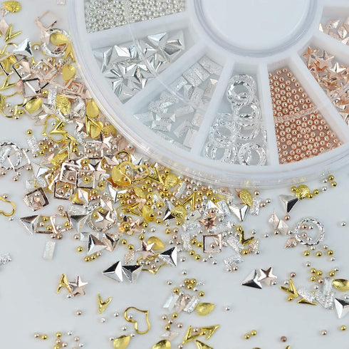 Nail Studs 3D Nail Charms Decals for Women, 6 Box Metal Mixed Shaped Rhinestones Jewelry Caviar Beads Kit
