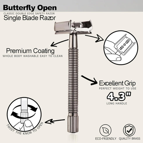 WEISHI Butterfly Open Double Edge Safety Razor for Men - Nostalgic Long Handle with 5 Stainless Blades