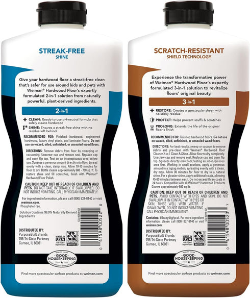 Weiman Hardwood Floor Cleaner and Polish Restorer Combo - 2 Pack, Natural Shine, Removes Scratches