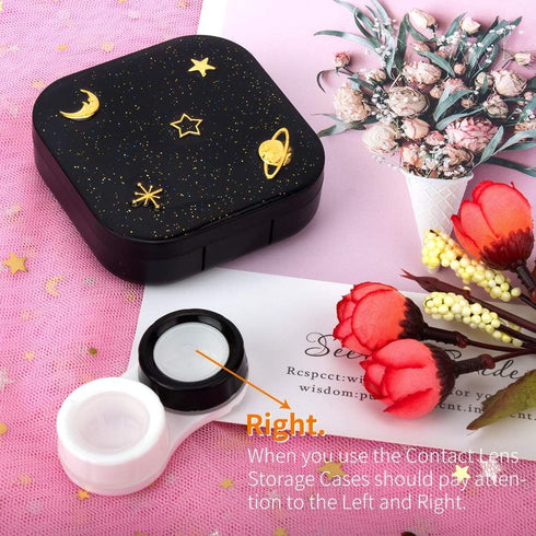 Contact Lens Case, Cute Stars Moon Holder Kit with Remover Tool, Tweezers, Mirror & Solution Bottle (Black)