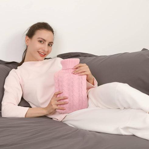 samply Hot Water Bottle with Knitted Cover, 2L for Hot and Cold Compress, Ideal for Pain Relief, Pink