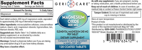 Gericare Magnesium Oxide 400mg Nutritional Supplement, 120 Count (Pack of 1)