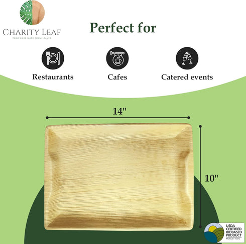 Disposable Palm Leaf 14" x 10" Trays (10 pieces), Eco-Friendly Dinnerware for Weddings, Catering, Events
