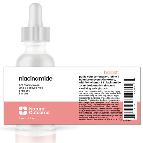 Natural Outcome Niacinamide Serum for Face - B-Boost with 10% Niacinamide, 2% Zinc, Salicylic Acid & Hyaluronic Acid