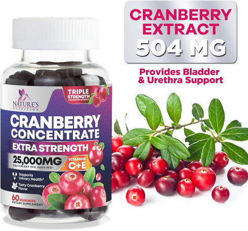 Cranberry Gummies - Urinary Tract Health Gummy + Vitamin C - 25,000mg Triple Strength Cranberry Concentrate Extract