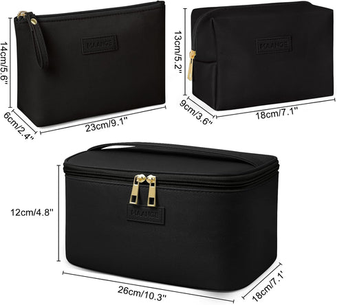 MAANGE Large Makeup Bag with 2pcs Small Bags, Portable Leather Travel Set for Women and Girls, Black