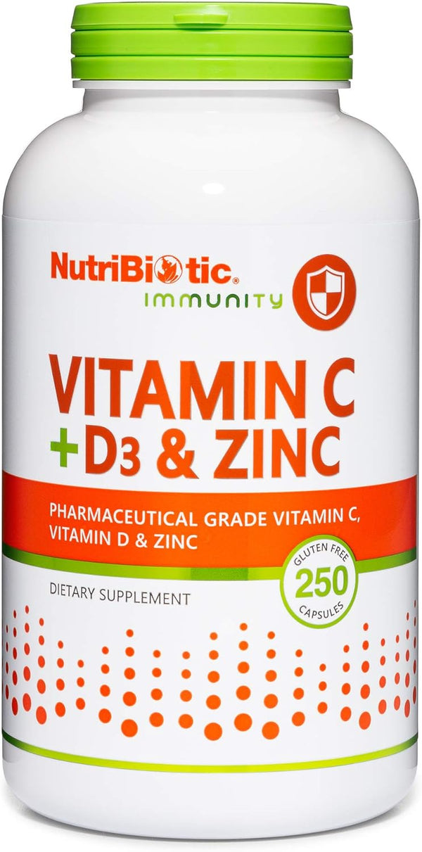 NutriBiotic – Vitamin C + Vitamin D3 & Zinc, 250 Capsules - Comprehensive Immune Support Supplement