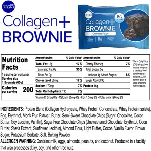 321glo Collagen Protein Brownie, Gluten Free, Low Sugar Keto Snack, 16g Protein, 6g Collagen, 12 Pack