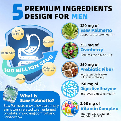 Probiotics for Men 100 Billion CFU - Digestive Health Supplement with Prebiotics & Enzymes, 90 Veg Capsules