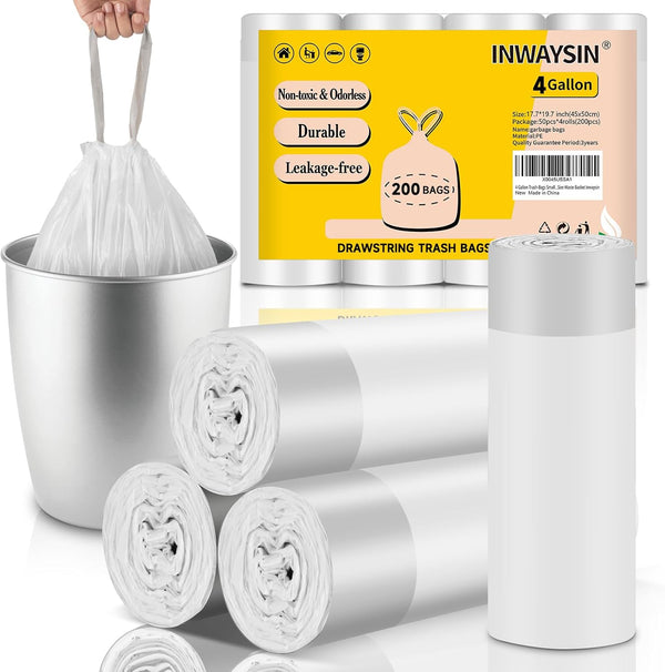 4 Gallon Trash Bags, 200 Count, Small Bathroom Garbage Bag Drawstring, Strong White Plastic Unscented for Office