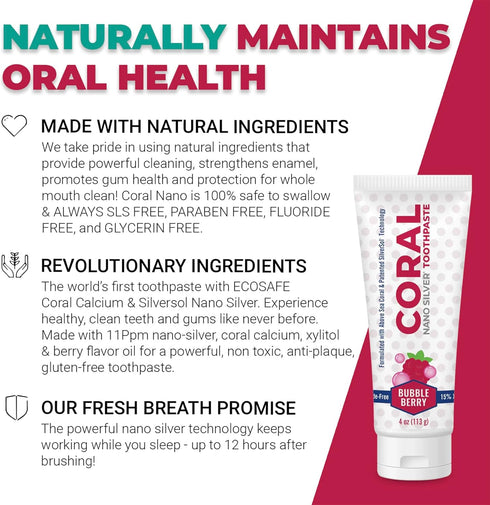 Coral Nano Silver Bubble Berry Kids Toothpaste - Natural Fluoride Free Teeth Whitening Toothpaste, 4 Ounces