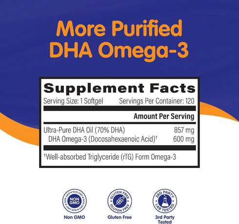 OmegaVia DHA 600 mg - Ultra Pure Omega-3 DHA Supplements for Brain & Eyes, 120 Softgels