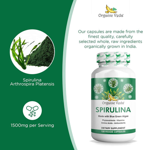 Organic Veda - Spirulina Capsules Made with Blue Green Algae - 120 Veggie Capsules for Immune System Support