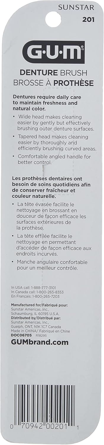 GUM Denture Brush, Dual Headed Hard Bristle Toothbrush for Dentures & Acrylic Retainers, Dentist Recommended, 6pk