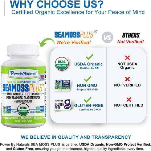 Power By Naturals Sea Moss Plus - USDA Organic Irish Sea Moss Capsules with Bladderwrack & Burdock Root - 60Ct