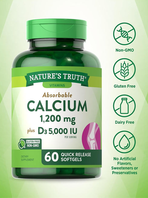 Nature's Truth Calcium 1200 mg with Vitamin D3 5000 IU | 60 Softgels, Non-GMO & Gluten Free