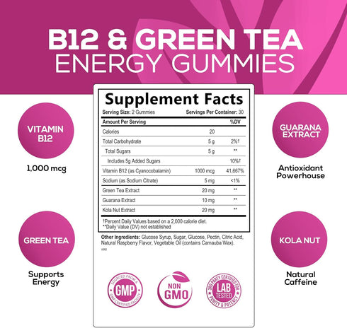 Energy Gummies Vitamin B12, Green Tea & Natural Caffeine, Extra Strength 1000 mcg Daily Energy Vitamins, Delicious Raspberry Flavor Gummy Chewable Supplement for Runners Women & Men - 60 Gummies