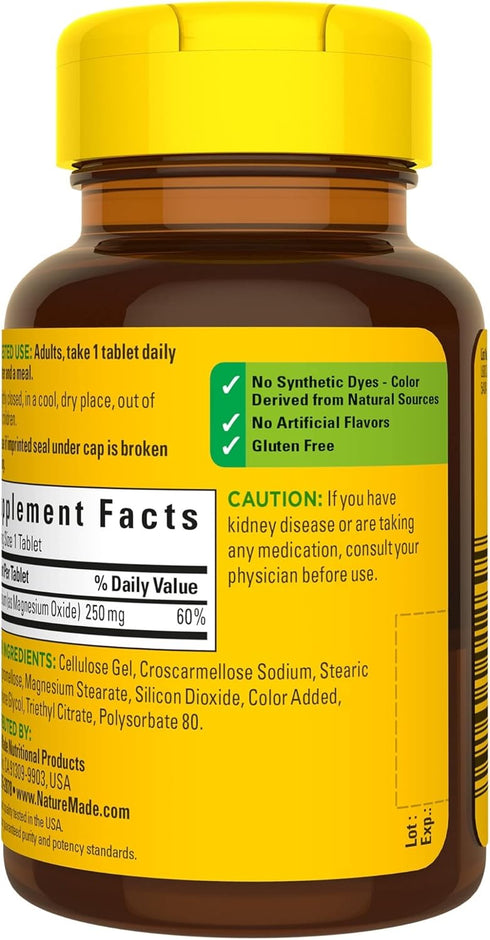 Nature Made Magnesium Oxide 250 mg, 100 Tablets for Muscle, Heart, Bone and Nerve Health Support, 100 Day Supply