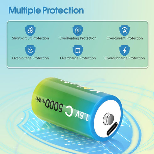 volkate 8 Pack, 14 1.5V 5000mWh, C Batteries USB Rechargeable Lithium C Cell Batteries with Charging Cable, Battery C