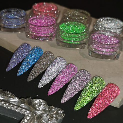 Reflective Glitter Powder Set, 8 Colors Sparkle Diamond Nail Glitter Dust, Silver Pink Purple Green Loose Nail Supplies