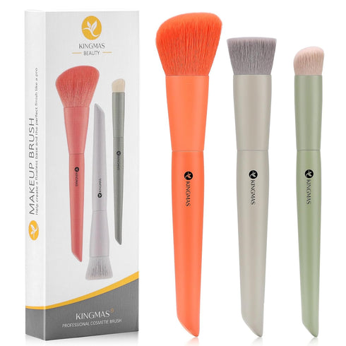 KINGMAS 3Pcs Makeup Brush Set, Foundation, Contour, Concealer, Under Eye & Blusher Kabuki Brushes for Face Blending